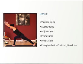 Technik  •	Vinyasa Yoga •	Ausrichtung •	Adjustment •	Pranayama •	Meditation •	Energiearbeit - Chakren, Bandhas
